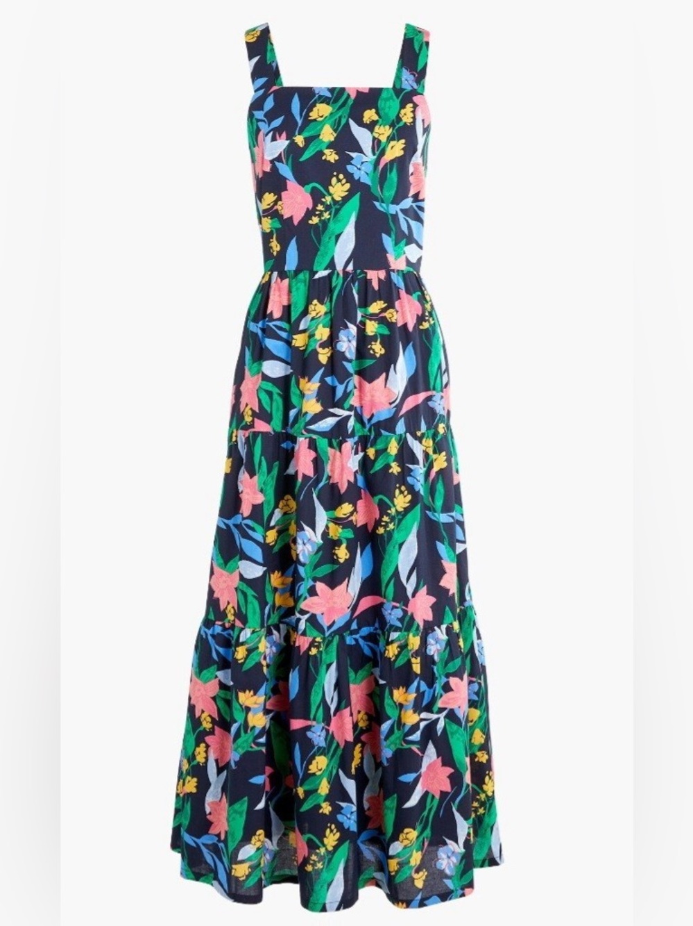 J. Crew Navy Floral Tiered Maxi Dress with Pink, Green & Yellow Accents
